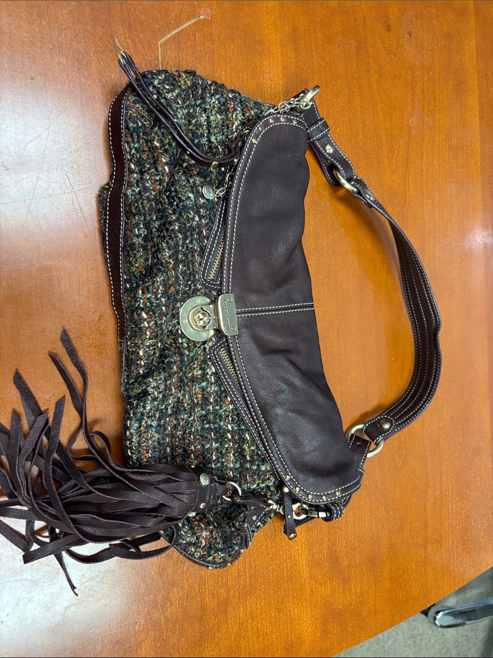 Woven Tweed and Leather Shoulder Bag in Dark Brown